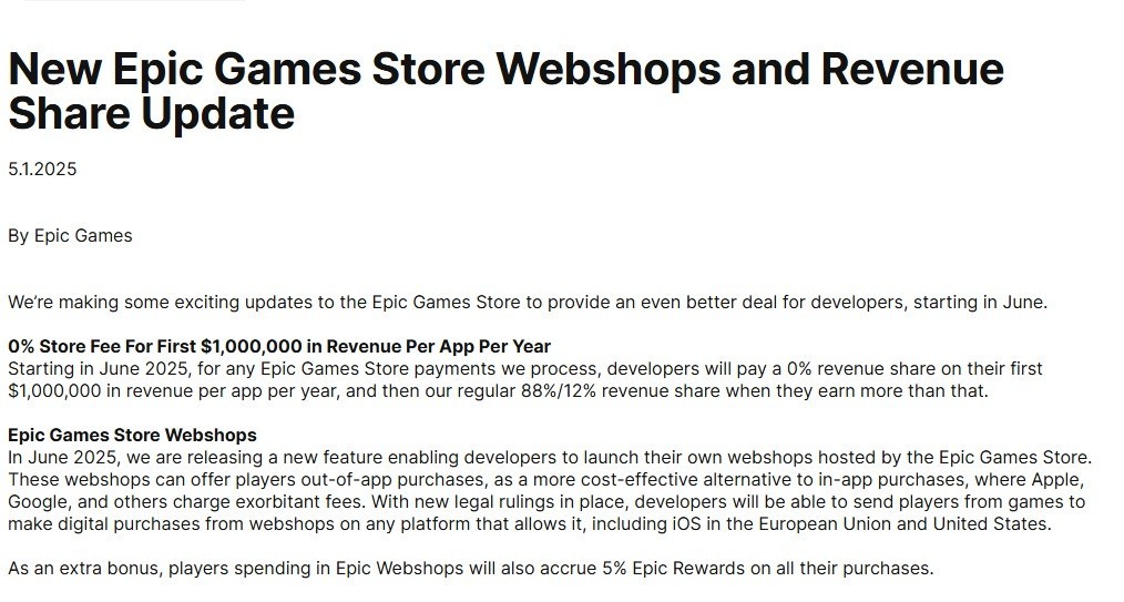 Epic Games Store Cuts Fees and Adds DevFriendly Tools from June 2025