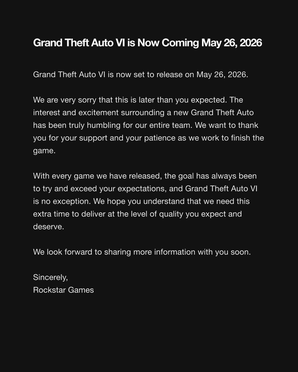 GTA 6 Delayed to May 26 2026 Launching on PS5 and Xbox Series