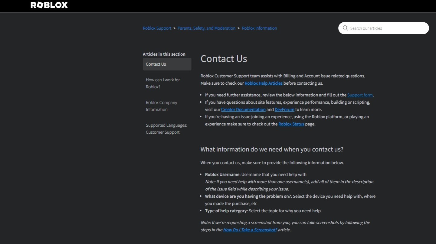 how to contact Roblox customer service