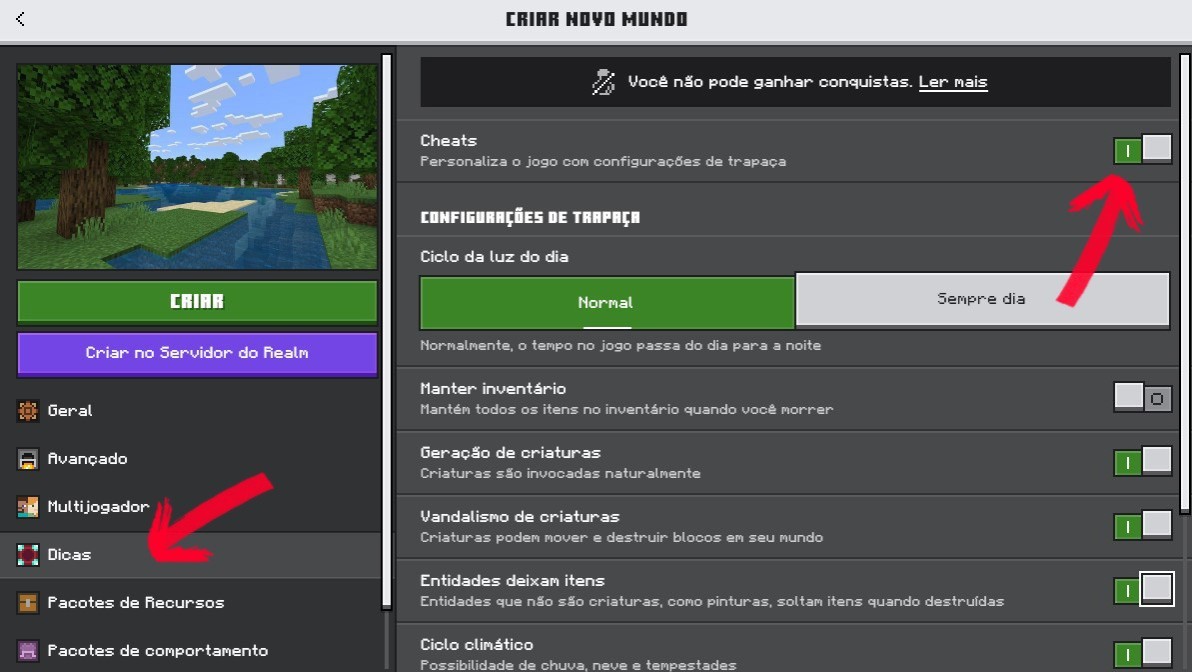 Ativando keep inventory no Minecraft Bedrock Edition